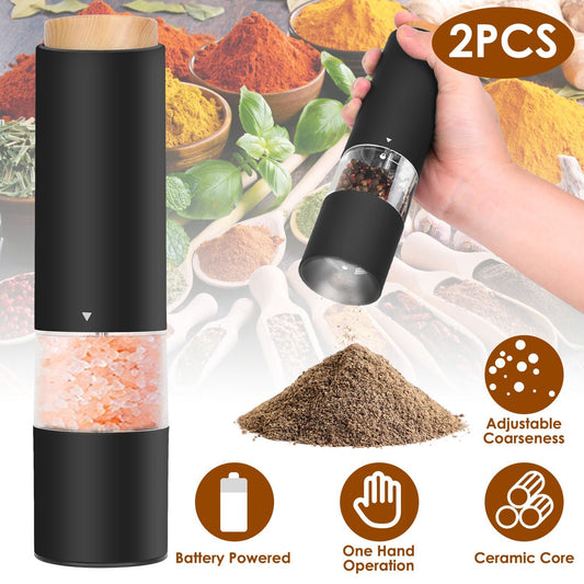 Electric Salt and Pepper Grinder Set with Adjustable Coarseness - One Hand Operation - DonoHome