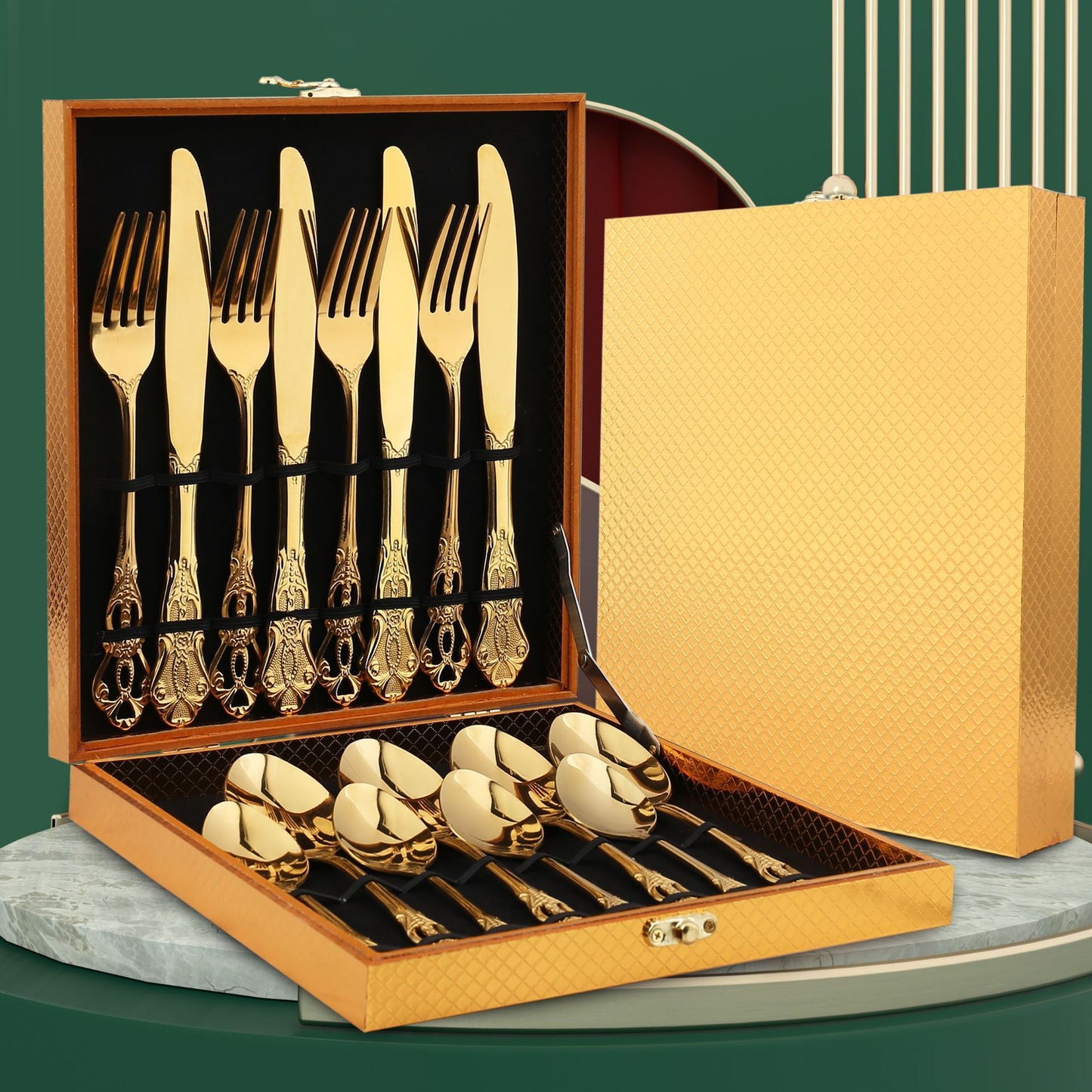 Luxury European Pattern Stainless Steel Cutlery Set – Golden Fork & Knife Flatware Collection