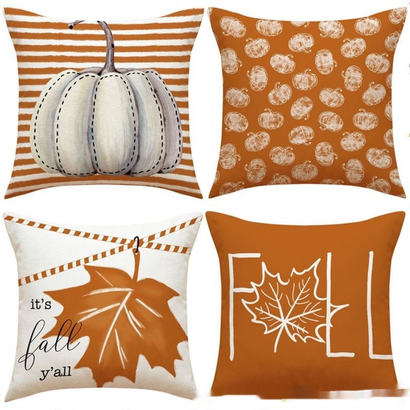 4-Piece Printed Linen Throw Pillowcase Set, Autumn Pumpkin Decor