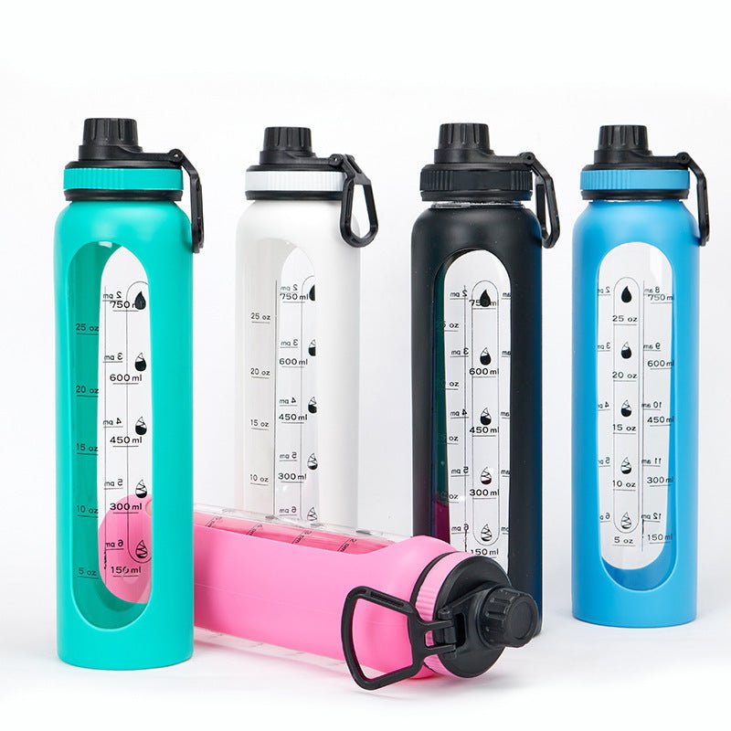 Large Capacity Portable Glass Water Bottle with Time Marker