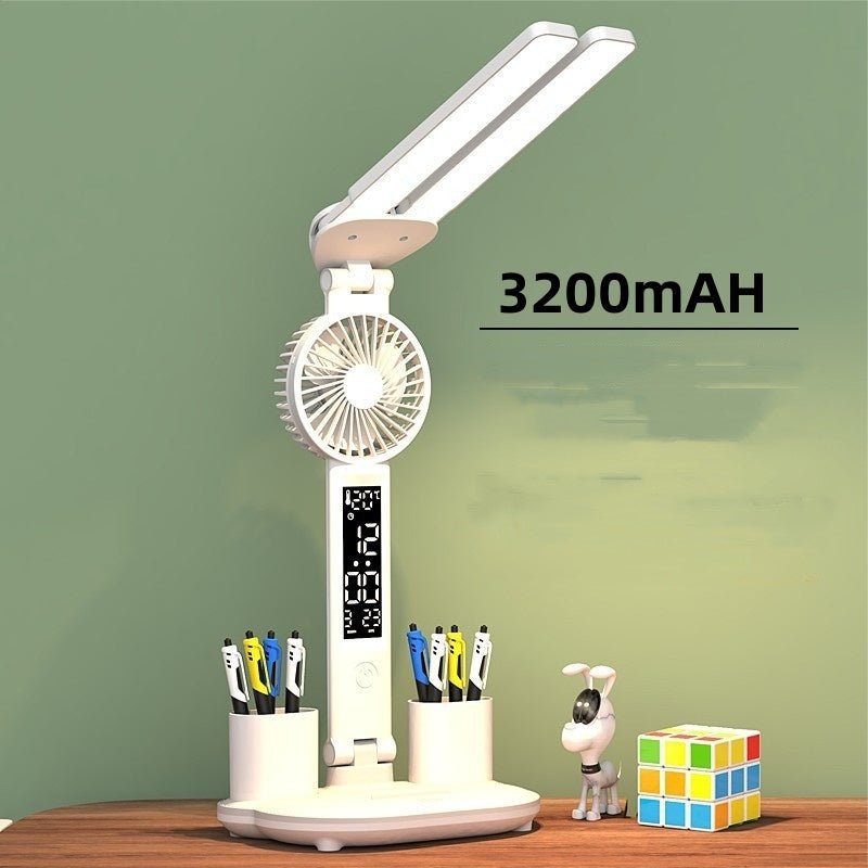 Multifunction LED Desk Lamp, Foldable with Fan, Clock, & Pen Holder