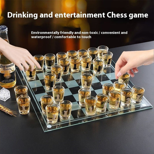 Elegant Glass Chess Drinking Game Set with Crystal Cups