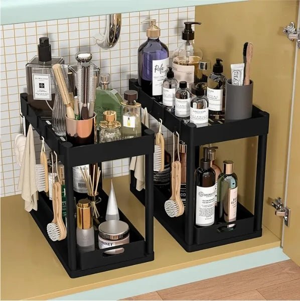 Sink Shelf Organizer Rack 1 Pack – 2-Tier Under Sink Storage Shelf with Pull-Out Basket, Hooks, and Drainage Design for Kitchen or Bathroom