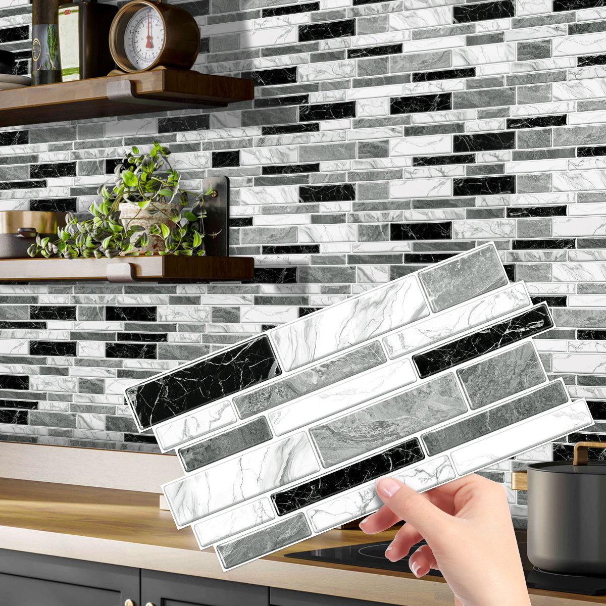 Irregular Black White Gray Marble Peel & Stick Wallpaper – Waterproof Oil-Proof PVC Imitation Tiles for Kitchen & Bathroom