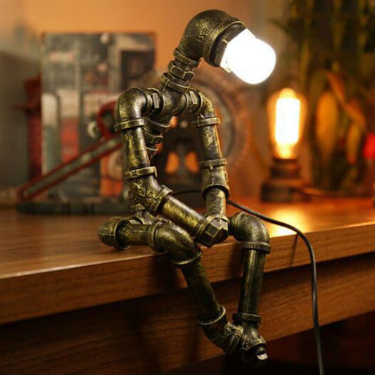 Robot-Shaped Vintage Iron Pipe Table Lamp, Industrial LED Light for Decor