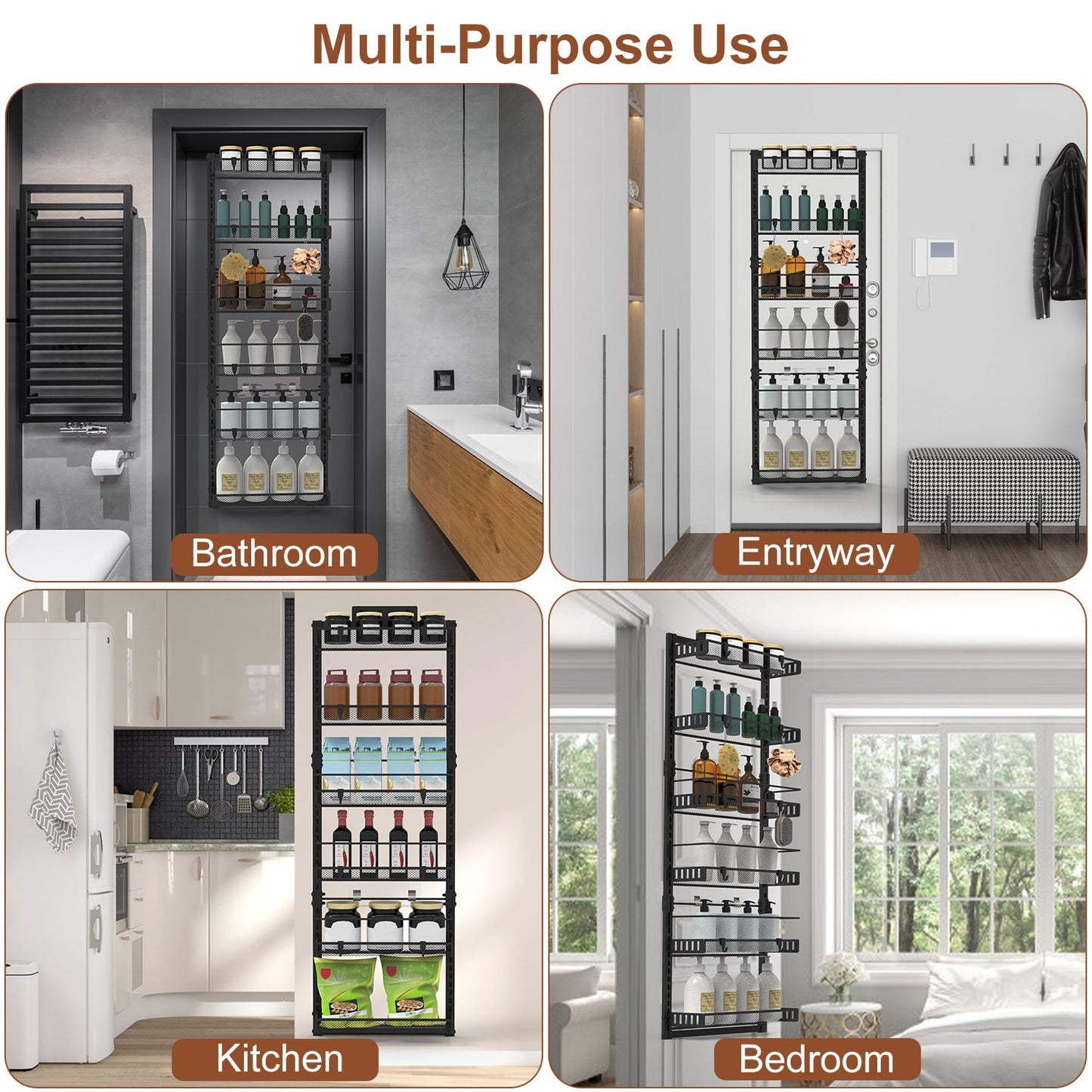 Over-the-Door Pantry Organizer, 6-Tier Carbon Steel Rack (50.2″H × 17.1″W × 5.5″D, 110 lb) – Black/White