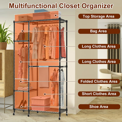 Heavy-Duty Garment Rack with Wheels, 4-Tier Shelves & 3 Hanging Rods (44.9″×17.13″×77.95″, Carbon Steel)