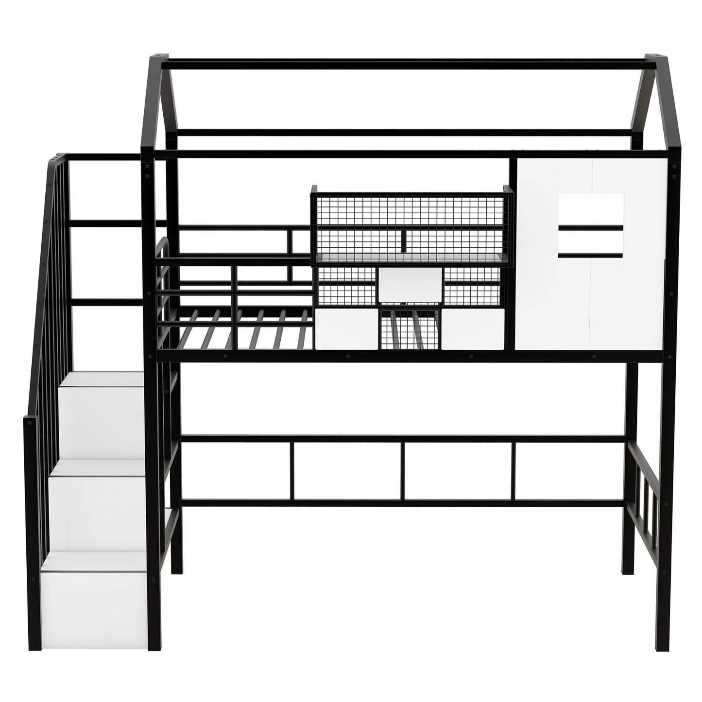 Twin Metal Loft Bed with Roof Design, Guardrails, and Storage Box