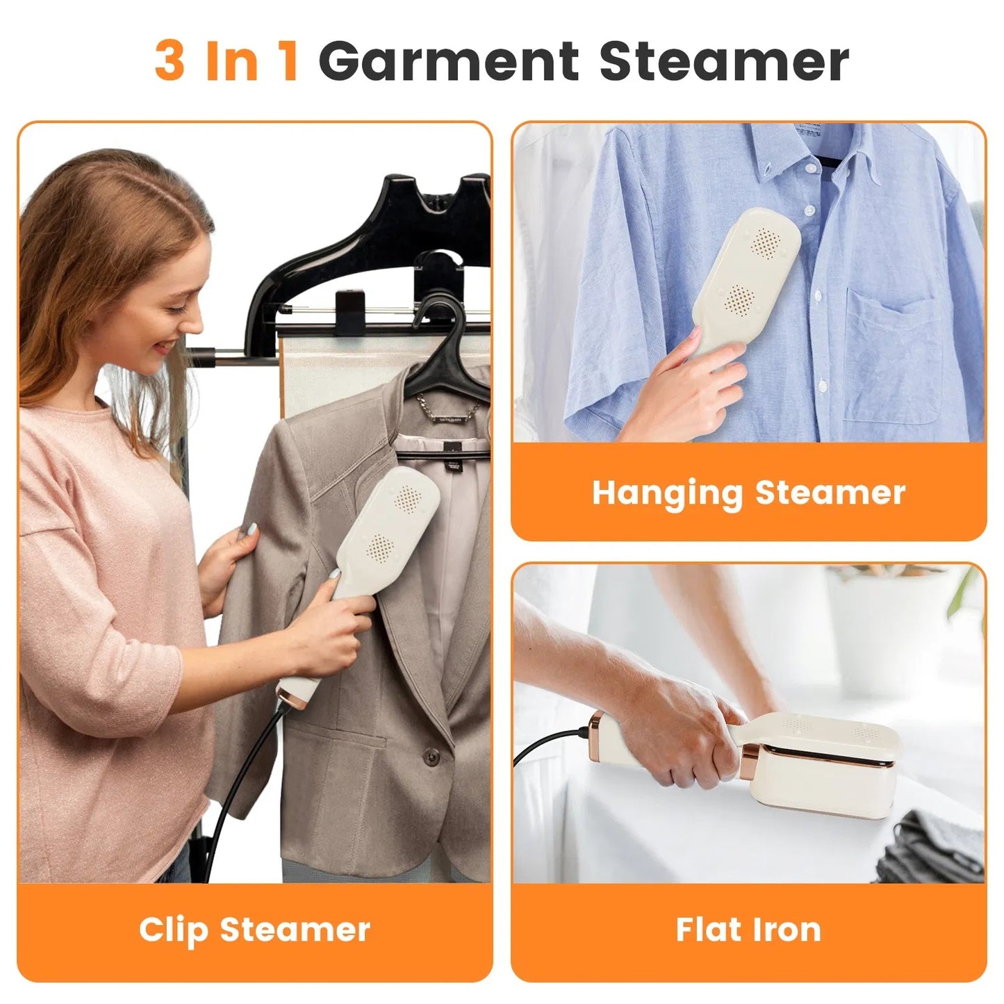 Portable 3-in-1 Steam Iron Press and Travel Garment Steamer, Handheld Clothes Wrinkle Remover with Flip Head, 1000W Fast Heating