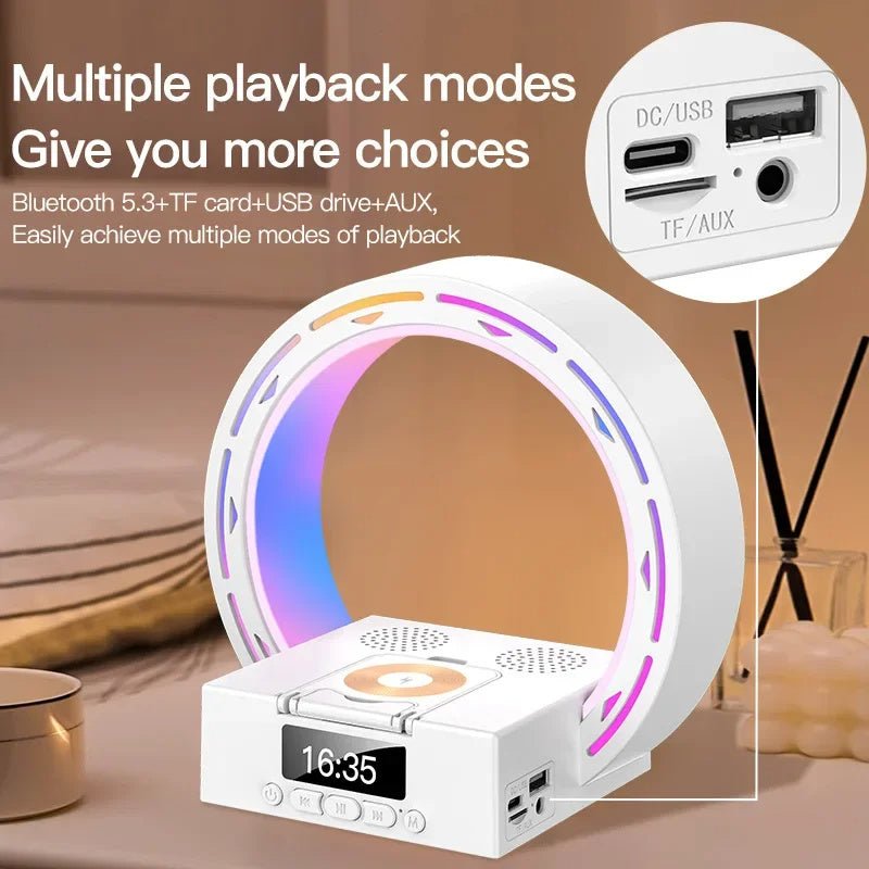 4-in-1 Wireless Charger & Bluetooth Speaker, LED Bedside Lamp with Alarm Clock