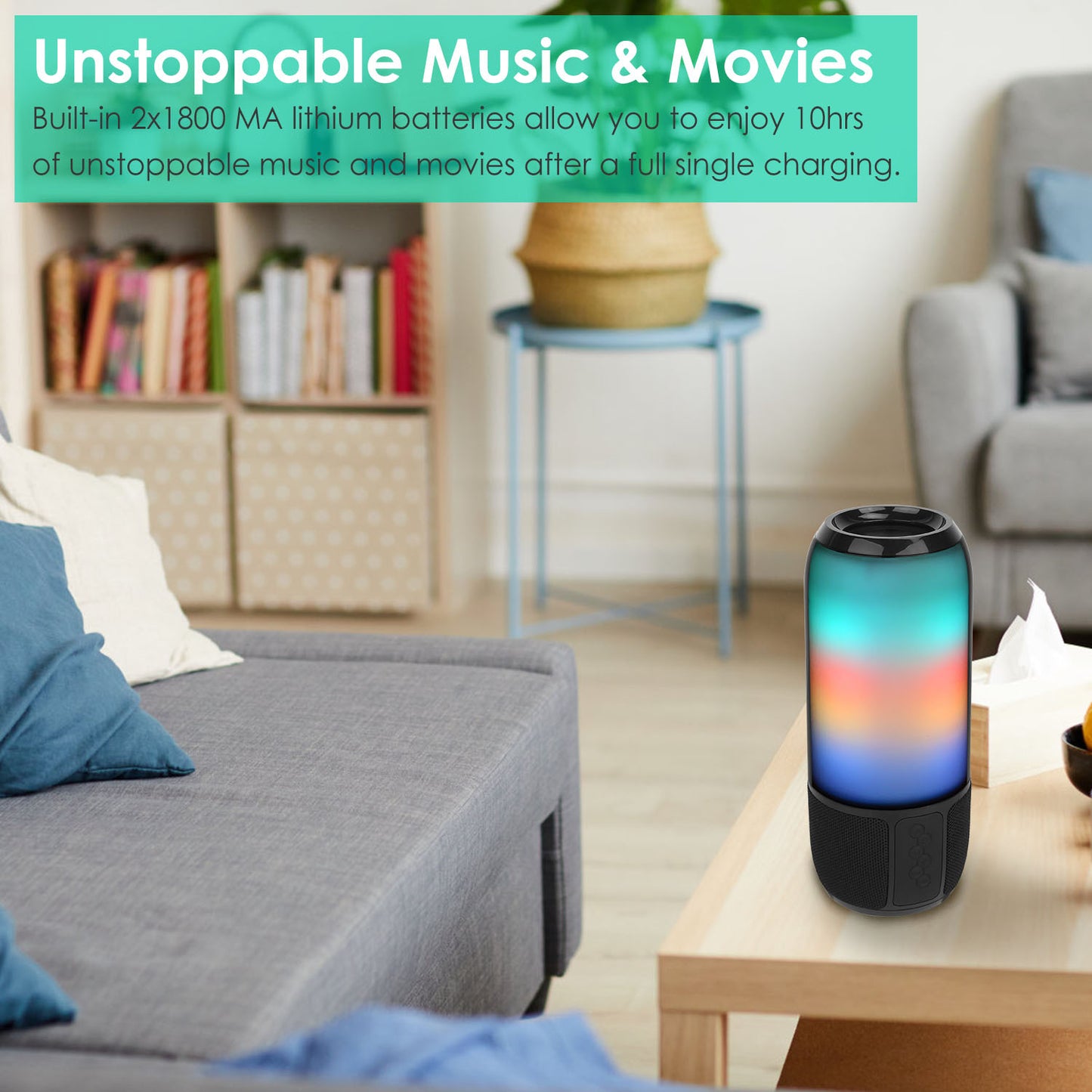 Wireless Portable Bluetooth Speaker with 6-Color LED Lights, TWS Stereo, Outdoor & Party Use