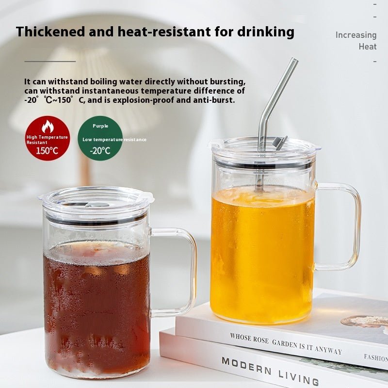 High-Temperature Borosilicate Glass Water Mug with Lid & Straw
