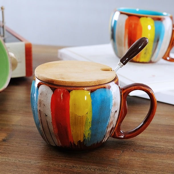 Creative Ceramic Mug with Lid & Spoon – Colorful Coffee, Milk & Breakfast Cup