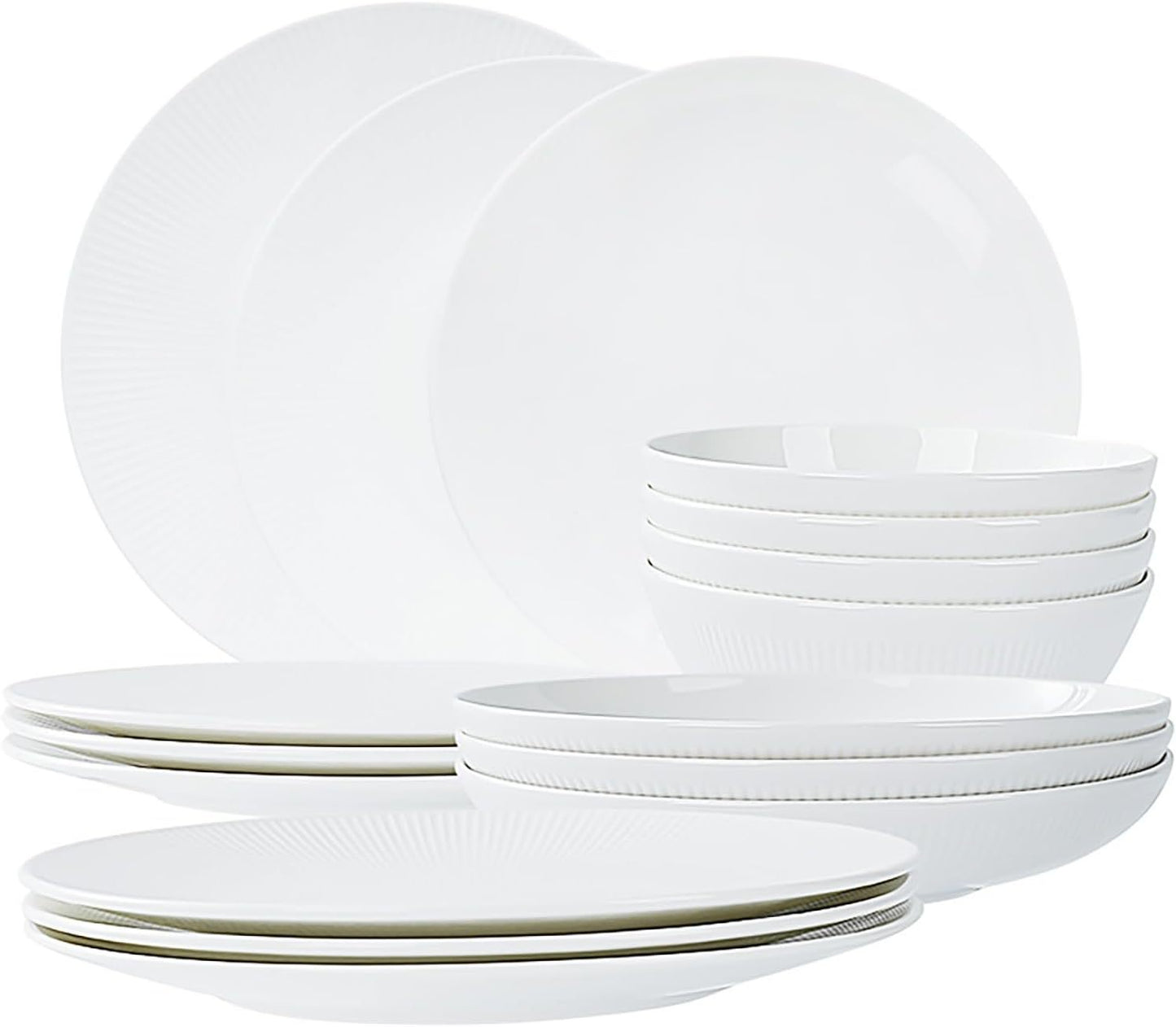 Dandelion Bone China Dinnerware Set – 16-Piece Service for 4 (Ivory White, Radial Lines, Microwave & Dishwasher Safe)