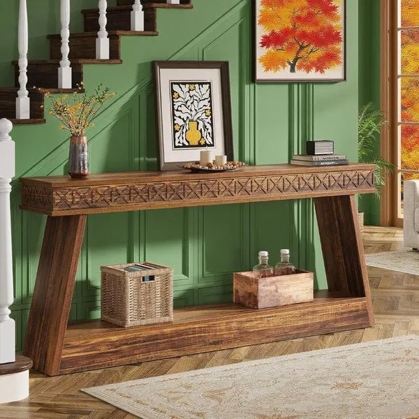 Rustic 71" Carved Wood Console Table - Entryway Storage Shelf, Ornate Design - DonoHome