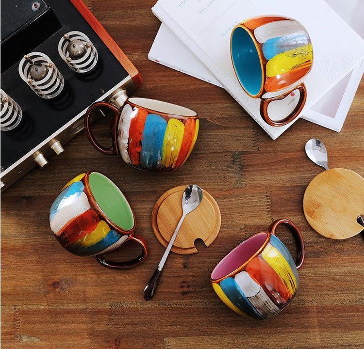 Creative Ceramic Mug with Lid & Spoon – Colorful Coffee, Milk & Breakfast Cup
