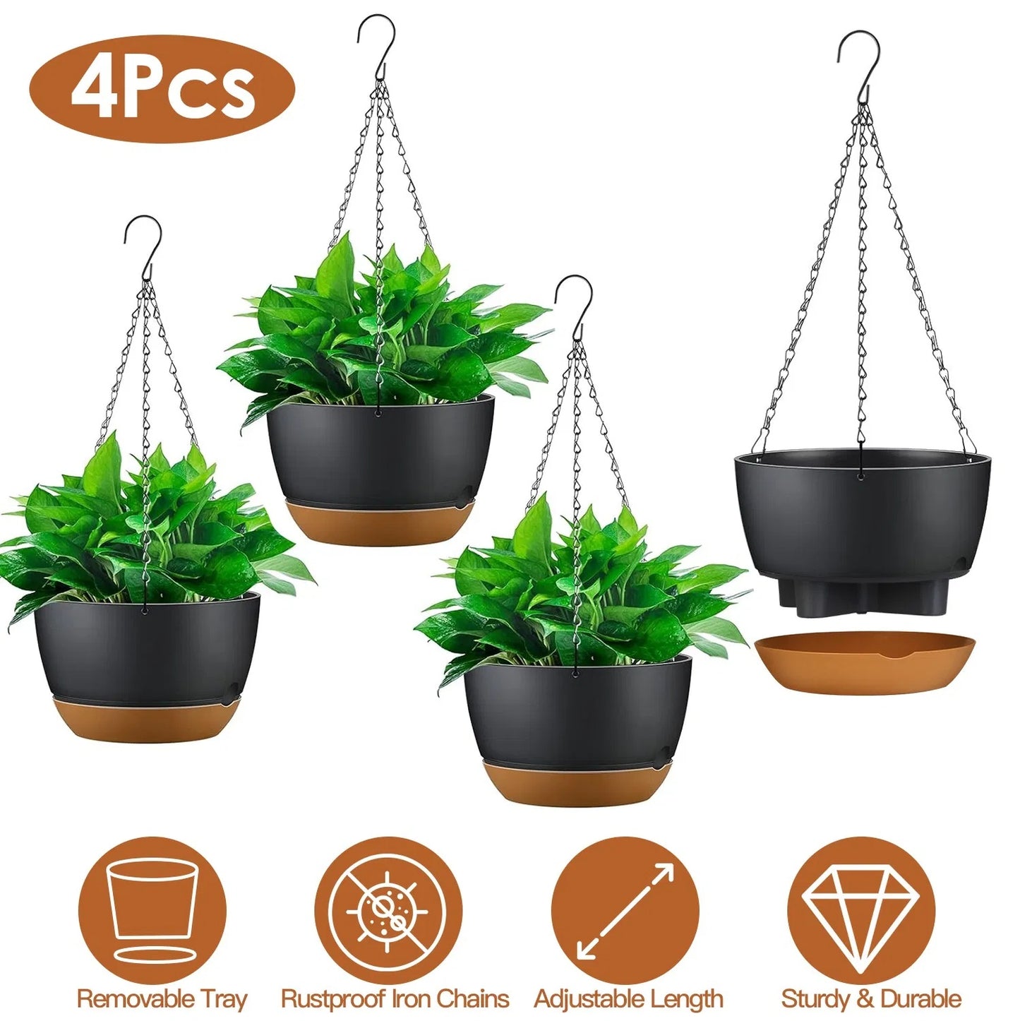 4Pcs Hanging Planter with Drainage & Self-Watering Tray – 9.6" Plastic Flower Pots for Indoor & Outdoor Plants