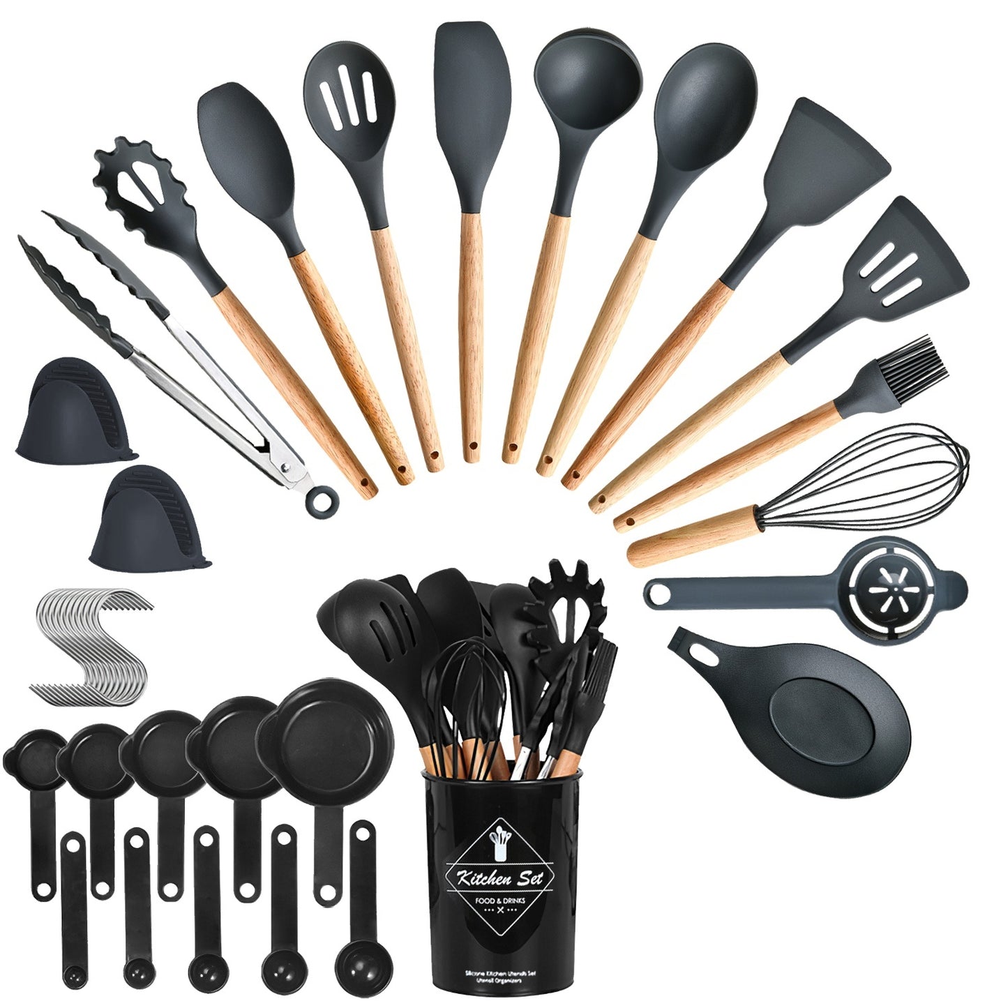 35Pcs Kitchen Cooking Utensils Set with Holder – Spatula, Whisk, Tongs, Spoons, Cups, Separator (4 Colors)
