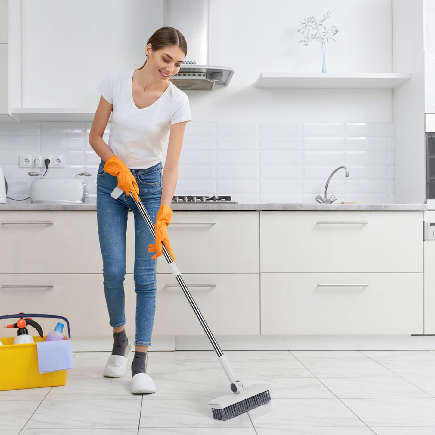 4-in-1 Broom and Dustpan Set with Squeegee – Upright Standing Cleaning Combo for Home, Kitchen & Office