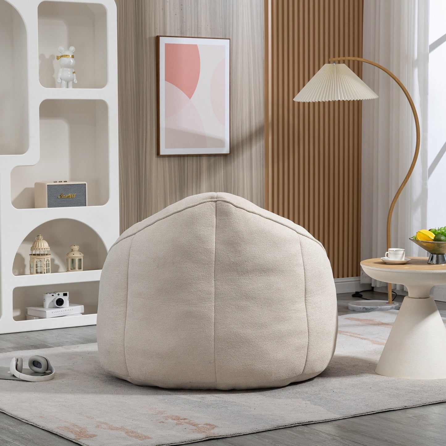 Plush Beige Bean Bag Sofa Chair With High-Pressure Foam Padding – Cozy Lounger Seat With Ottoman For Bedroom Or Living Room Relaxation