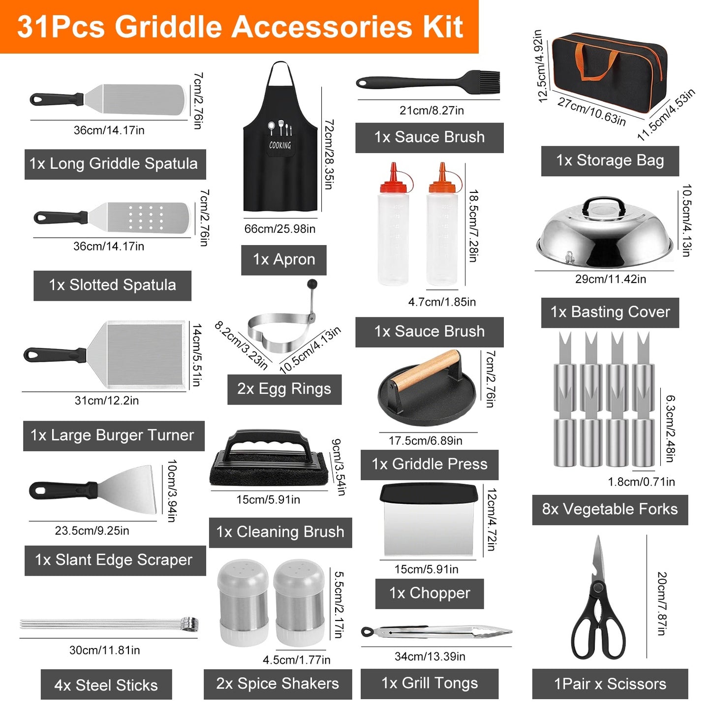 31-Piece Griddle & Flat-Top Grill Accessory Kit w/ Spatulas, Press, Basting Dome, Shakers, Tongs, Egg Rings & Storage Bag