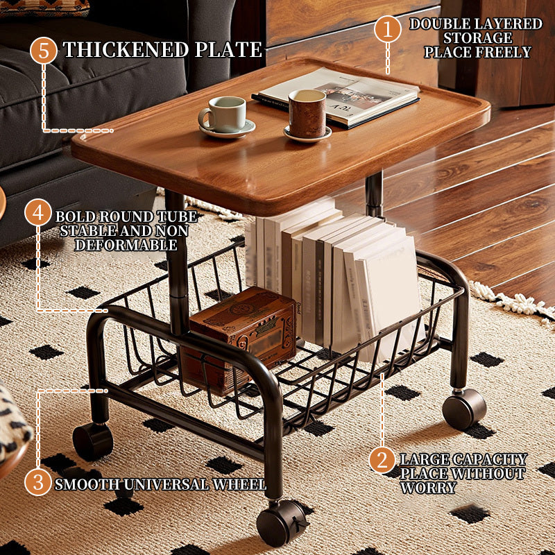 Rolling Side Table with Storage Basket – Adjustable Height Coffee & Laptop Table on Wheels