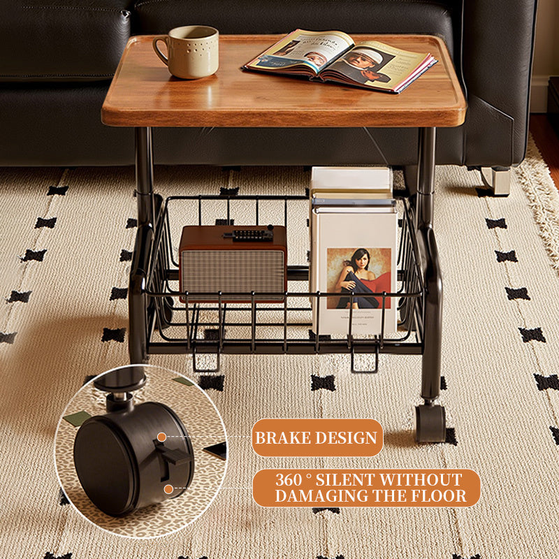 Rolling Side Table with Storage Basket – Adjustable Height Coffee & Laptop Table on Wheels