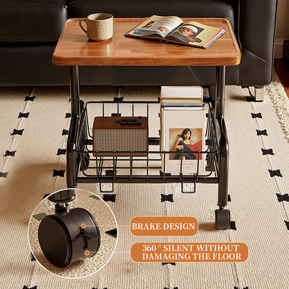 Rolling Side Table with Storage Basket – Adjustable Height Coffee & Laptop Table on Wheels