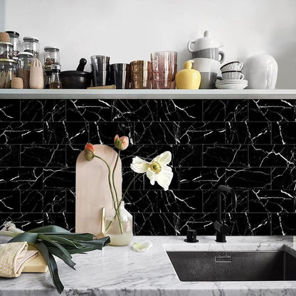 Black Marble Thickened Peel & Stick Wall Panels – Waterproof Oil-Proof PVC Foam Tiles for Kitchen & Bathroom