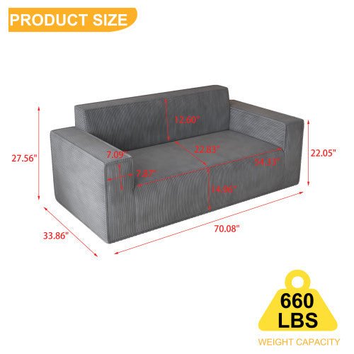 Sofa-in-a-Box 3-Seater Memory Foam Couch, Easy Transport Deep Seat Modern Sofa With Gray Corduroy Fabric For Living Room, Bedroom, Apartment Or Home Office