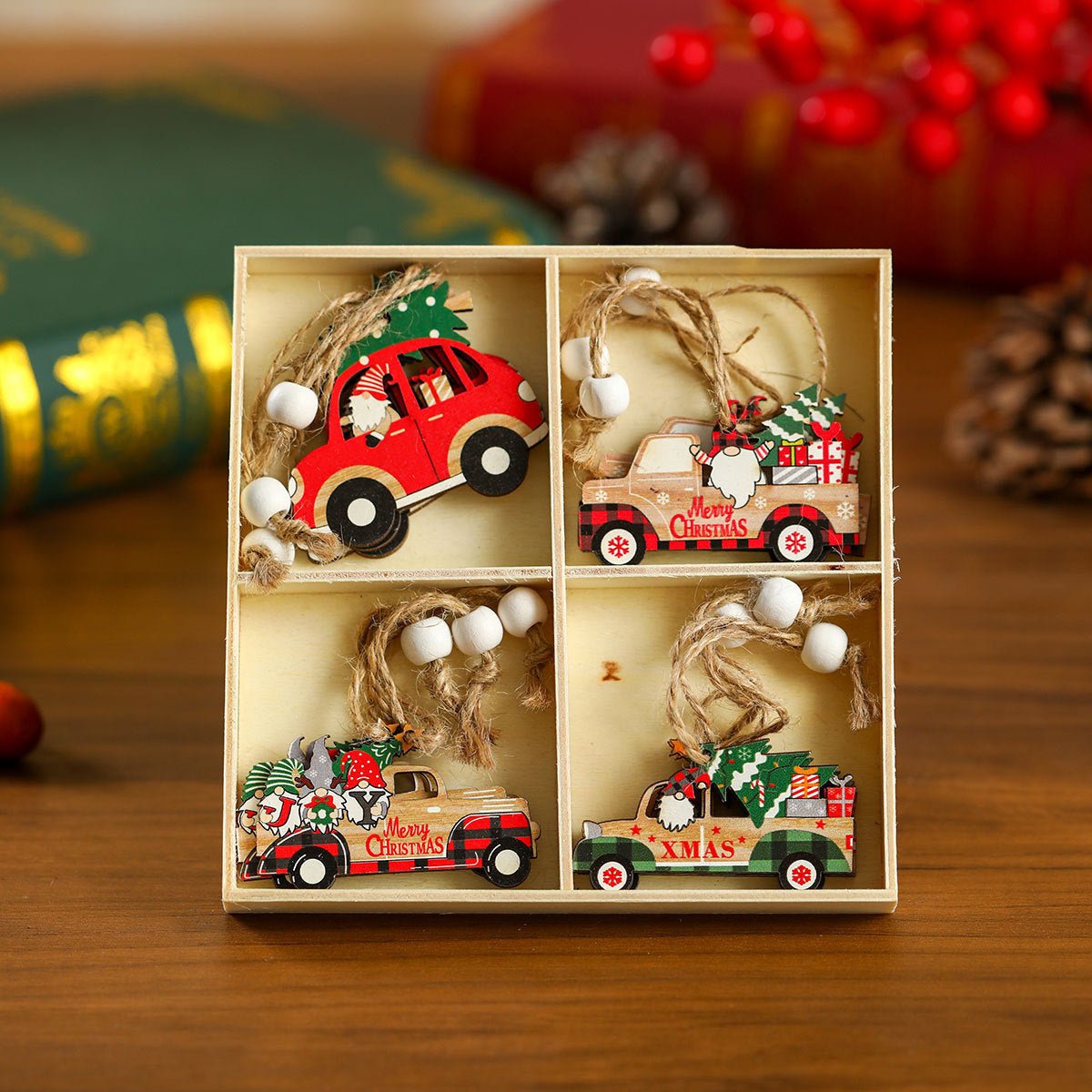 12 Pcs Wooden Christmas Ornament Set, Tree Pendants in a Gift Box