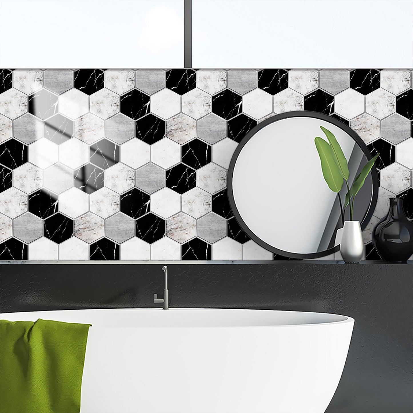 Black & White Marble Hexagonal Peel & Stick Wall Tiles – Waterproof Glossy PVC Backsplash for Kitchen & Bathroom