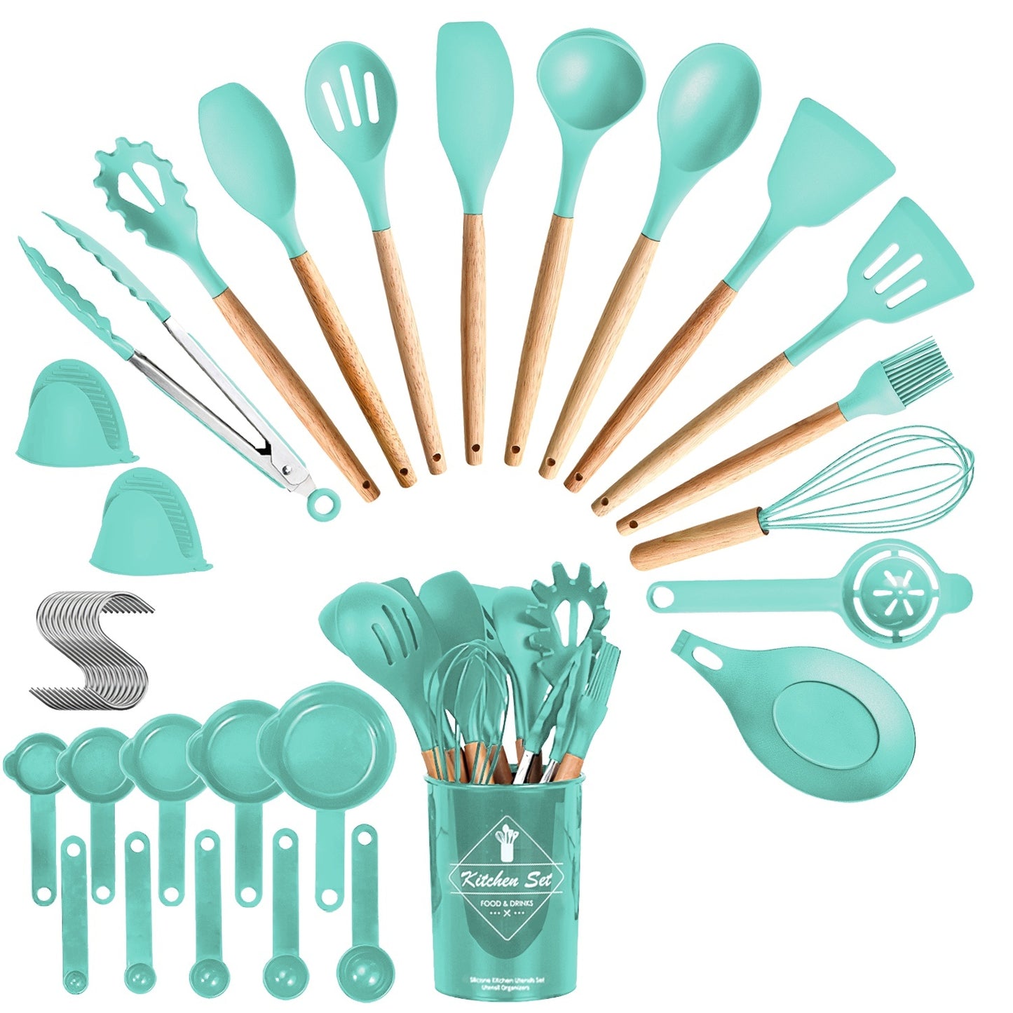 35Pcs Kitchen Cooking Utensils Set with Holder – Spatula, Whisk, Tongs, Spoons, Cups, Separator (4 Colors)