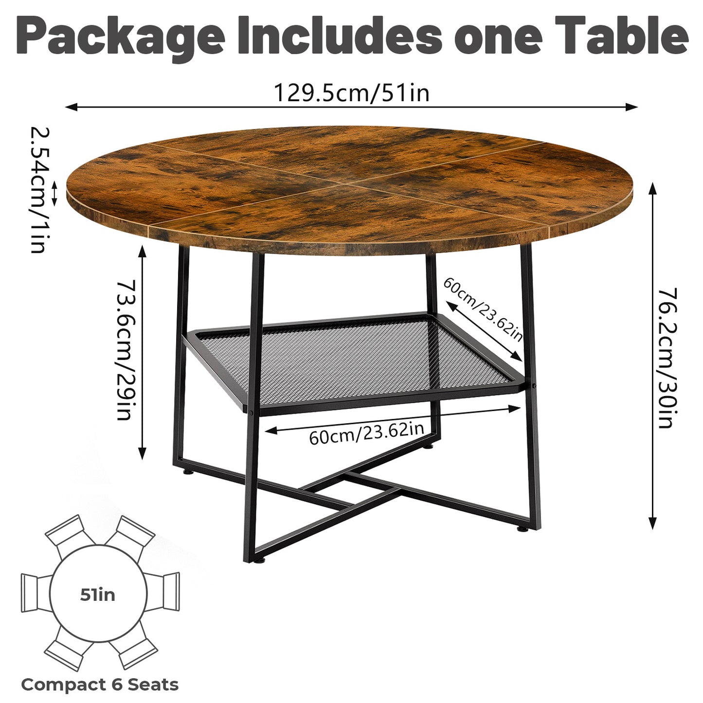 51 Inch Round Dining Table For 4-6, Rustic Wood Top With Storage Shelf And Black Metal Legs, Space Saving Circle Dinner Table For Kitchen Or Dining Room