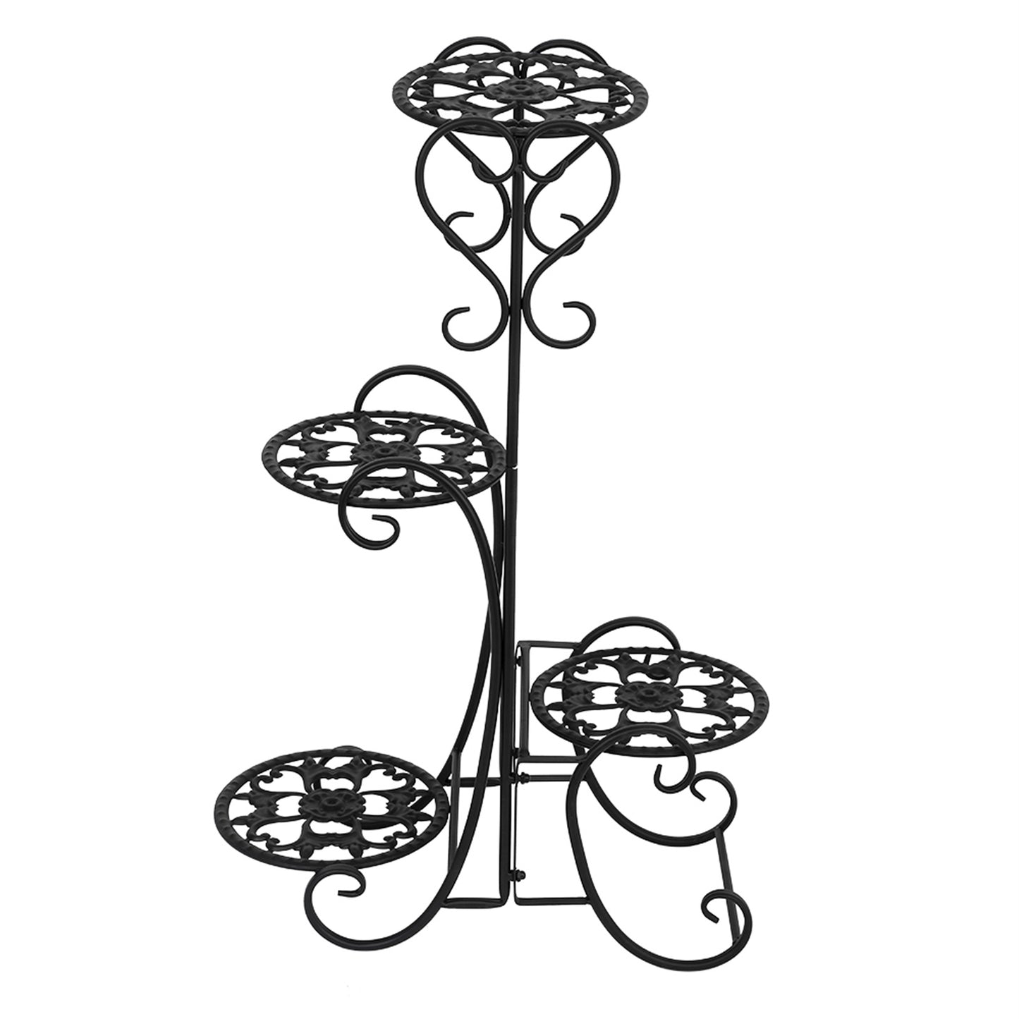 Metal Plant Stand with 4 Round Flower Pot Holders – Black Iron Garden Display Rack