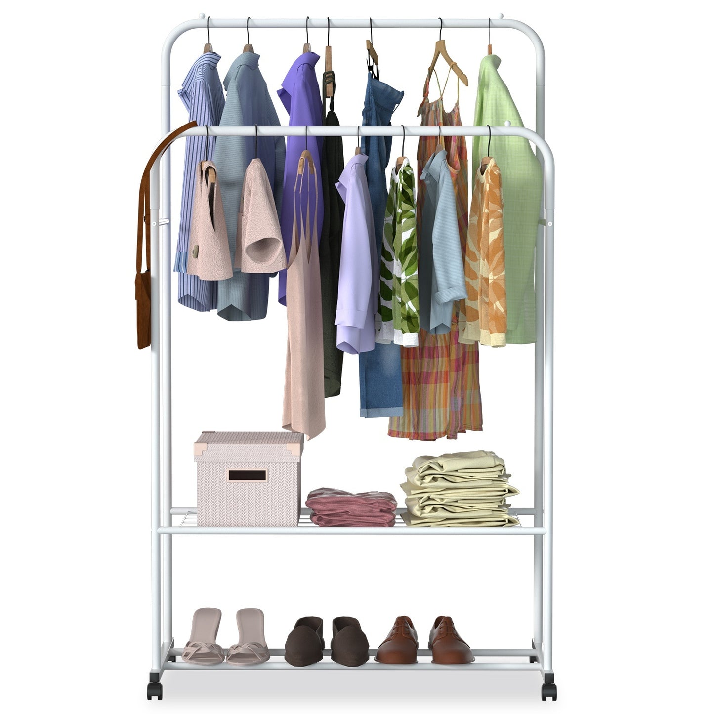 Rolling Garment Hanging Rack – Clothes Organizer with Double Rail, Bottom Shelf & Lockable Wheels