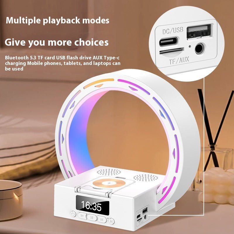4-in-1 Wireless Charger & Bluetooth Speaker, LED Bedside Lamp with Alarm Clock