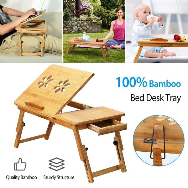 Adjustable Bamboo Laptop Desk & Bed Table with Storage Drawer
