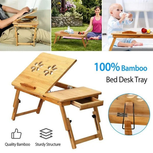 Adjustable Bamboo Laptop Desk & Bed Table with Storage Drawer
