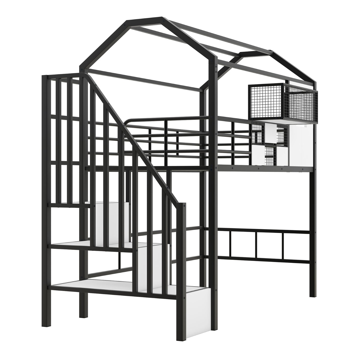 Twin Metal Loft Bed with Roof Design, Guardrails, and Storage Box