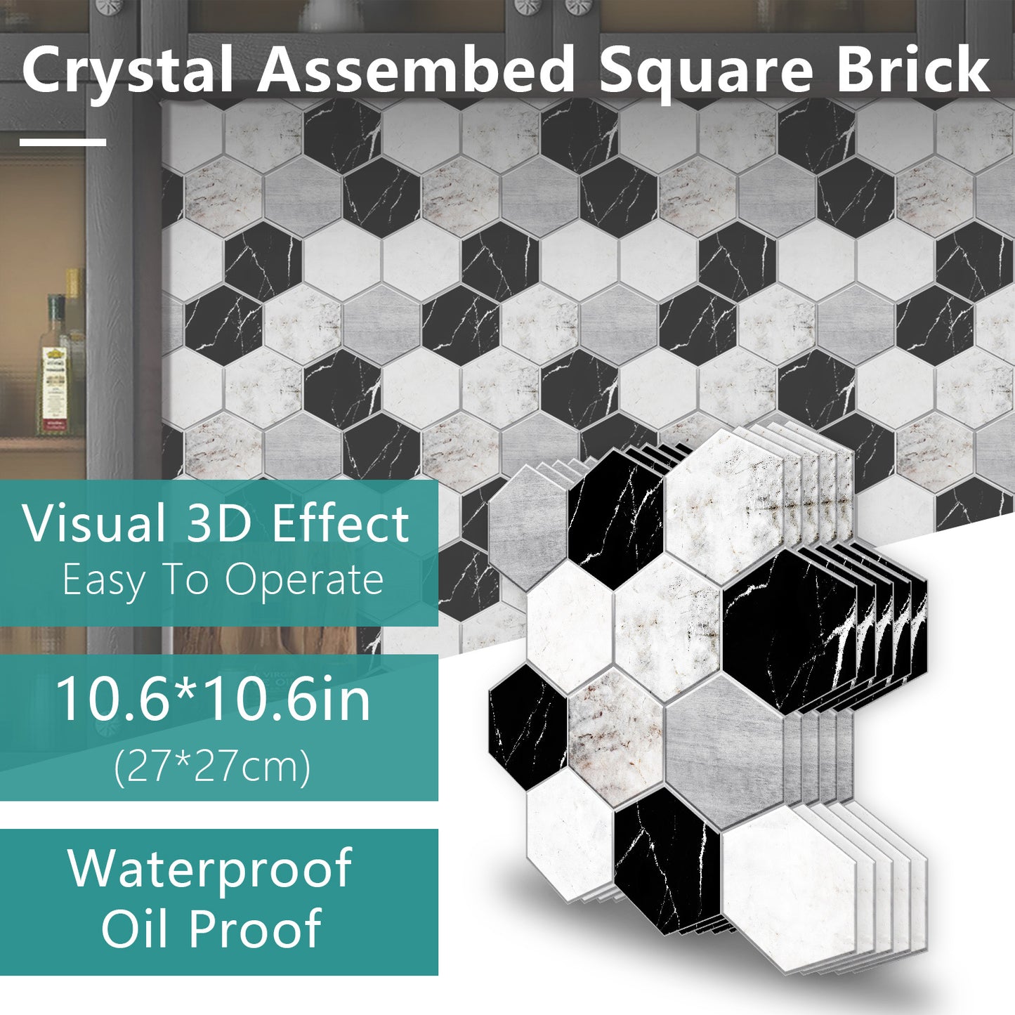 Black & White Marble Hexagonal Peel & Stick Wall Tiles – Waterproof Glossy PVC Backsplash for Kitchen & Bathroom