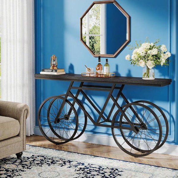 Creative 71 Inch Long Console Table With Bicycle Shaped Metal Base, Unique Wooden Entryway Or Sofa Table For Living Room, Hallway, Or Display Decor
