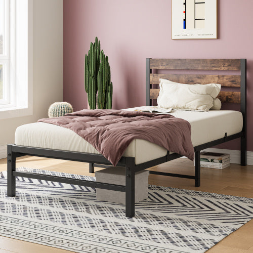Twin Platform Bed Frame w/ Rustic Wood Headboard & Metal Slats (No Box Spring Needed, Rustic Brown)