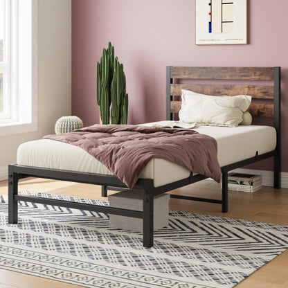 Twin Platform Bed Frame w/ Rustic Wood Headboard & Metal Slats (No Box Spring Needed, Rustic Brown)
