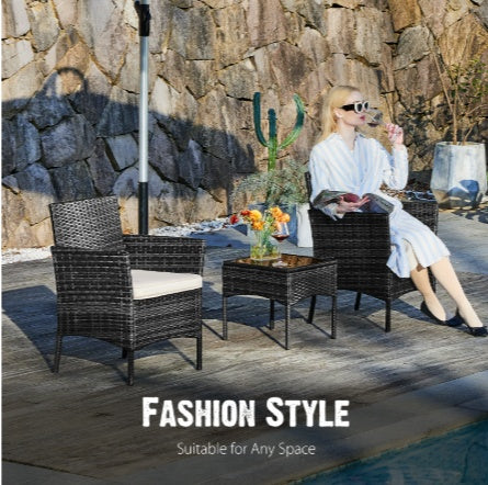Wicker Rattan Patio Conversation Set with Glass Table – 3-Piece / 4-Piece (Outdoor Chairs + Table)