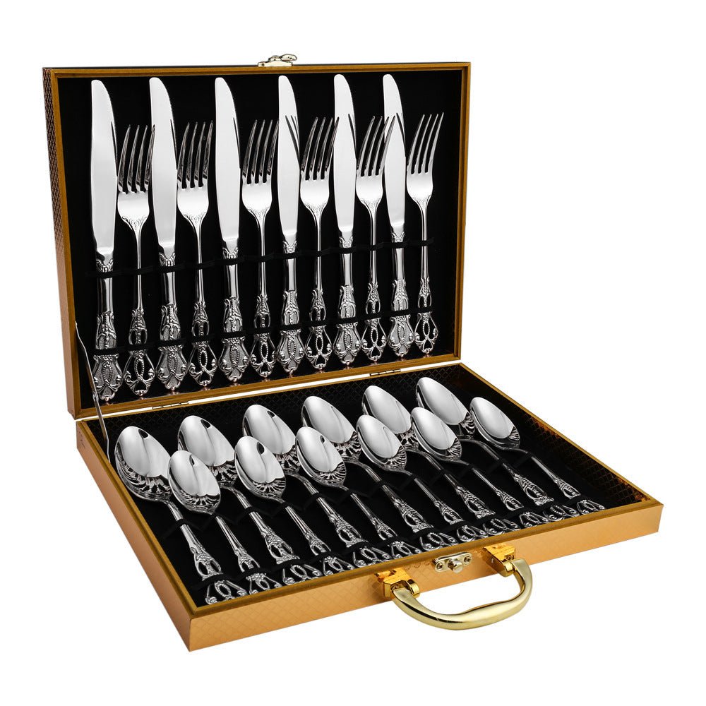 Luxury European Pattern Stainless Steel Cutlery Set – Golden Fork & Knife Flatware Collection