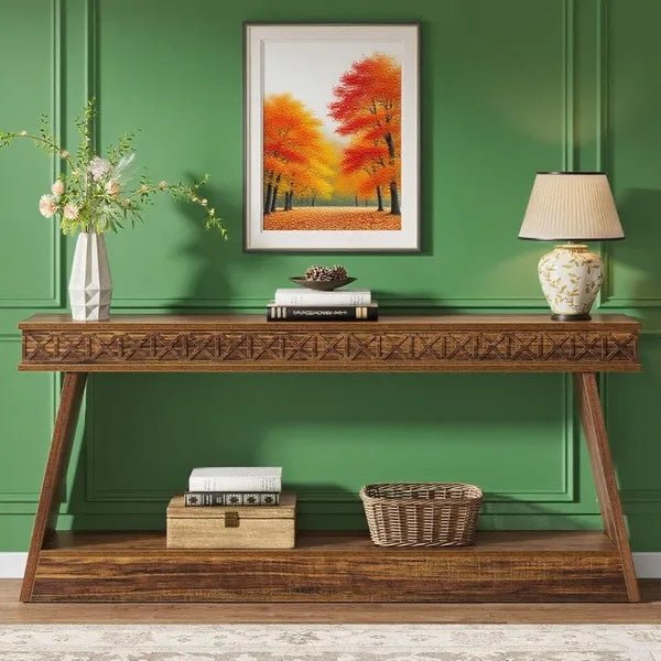 Rustic 71" Carved Wood Console Table - Entryway Storage Shelf, Ornate Design - DonoHome