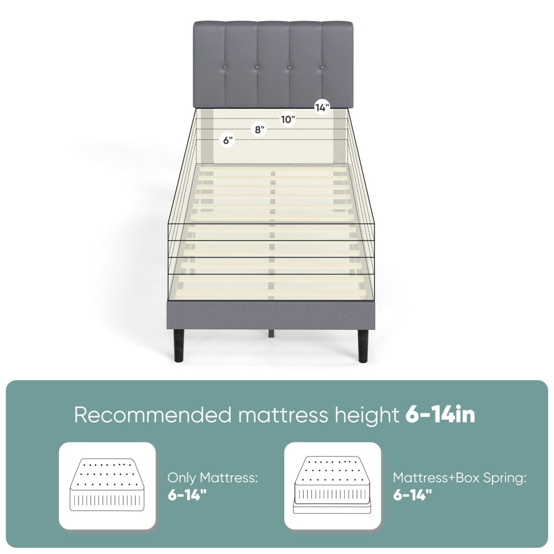 Upholstered Platform Bed Frame with Tufted Headboard (Gray, Iron Frame & Wood Slats) – Twin/Full/Queen/King