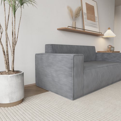 Sofa-in-a-Box 3-Seater Memory Foam Couch, Easy Transport Deep Seat Modern Sofa With Gray Corduroy Fabric For Living Room, Bedroom, Apartment Or Home Office