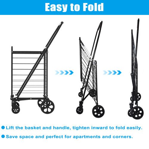 Foldable Shopping Cart with Wheels – Utility Grocery Trolley with Double Basket & 360° Swivel Wheels